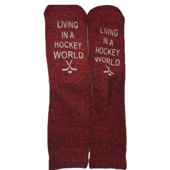 3/$30 MENS FUNNY QUOTE SAYINGS SOCKS LIVING IN A HOCKEY WORLD SIZE  7-11 - Picture 2 of 8